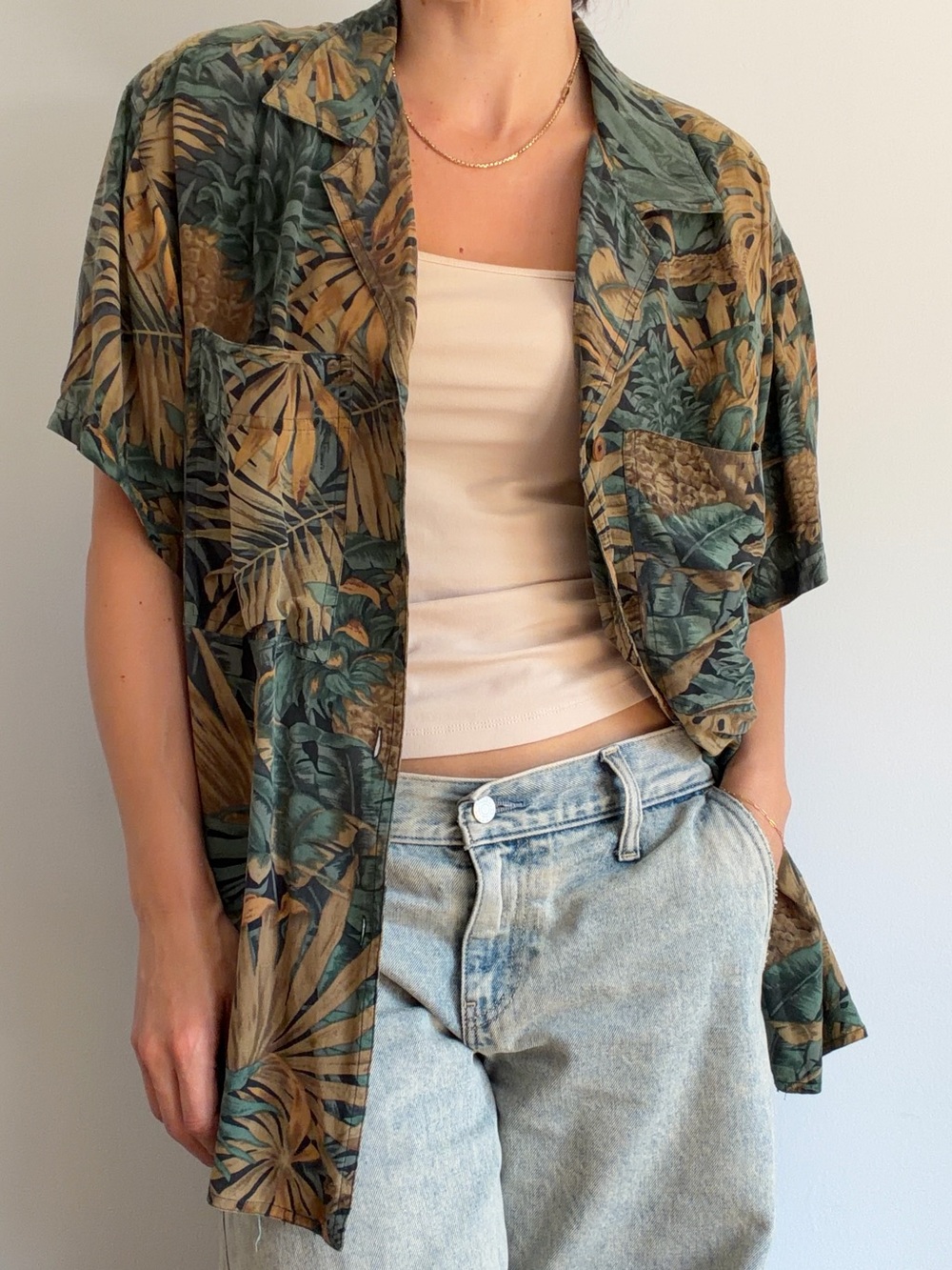 Ellen Tracy Silk Tropical Leaf Button-Up Shirt - Green & Tan